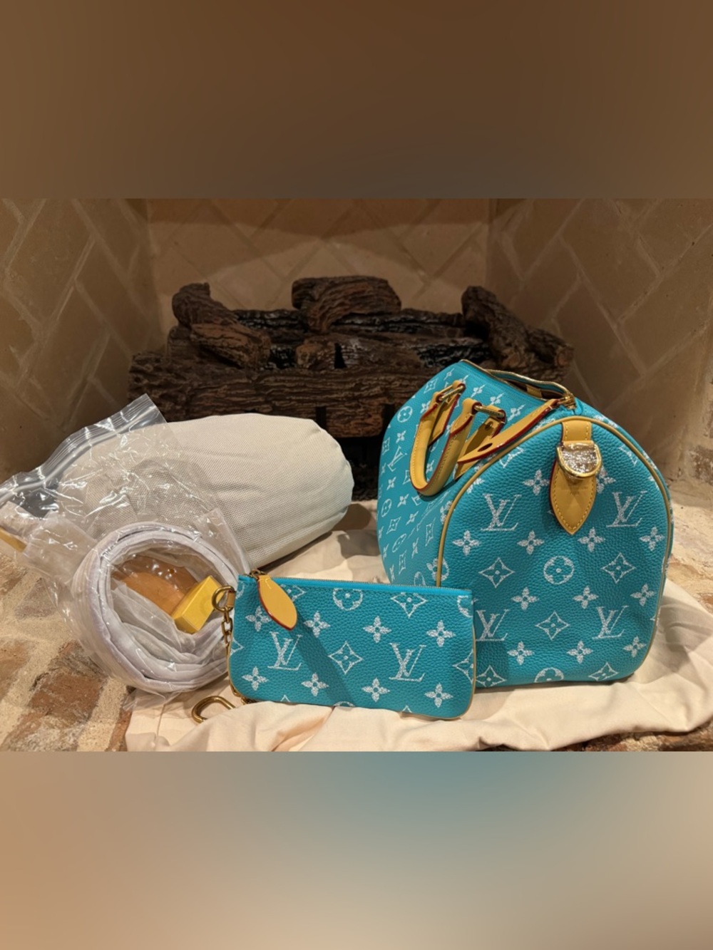 Turquoise Monogram Speedy-Style Tote with Tan Trim and wallet - Picture 3 of 5